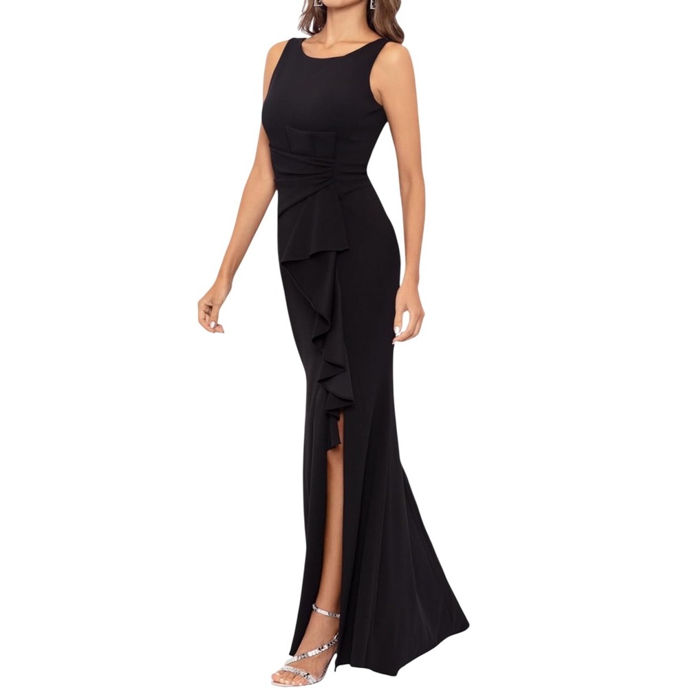 Betsy & Adam Black Formal Gown Draped Ruffle Maxi Dress Sz 6 Wedding Guest NWT